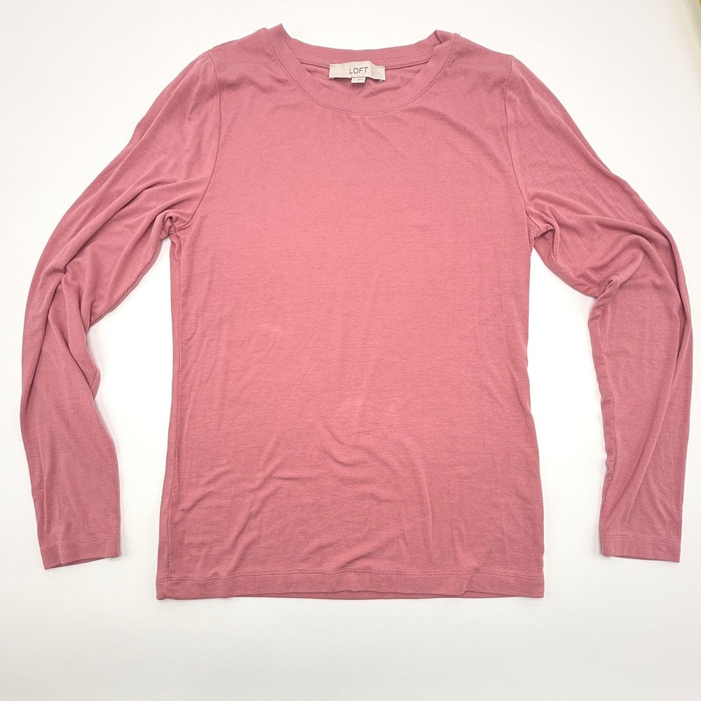 Loft Womens Ribbed Long Sleeve Tee Rose Pink Crew Neck Modal Blend Top Large - Picture 2 of 8
